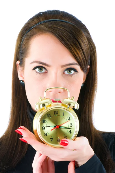 Woman with clock isolated on the white — Stock Photo, Image