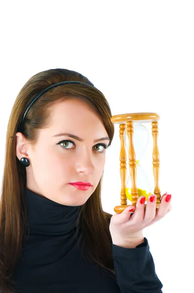 Kvinna med timglas isolerat på vita — Stockfoto
