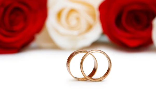 Concepto de boda con rosas y anillos de oro Fotos de stock libres de derechos