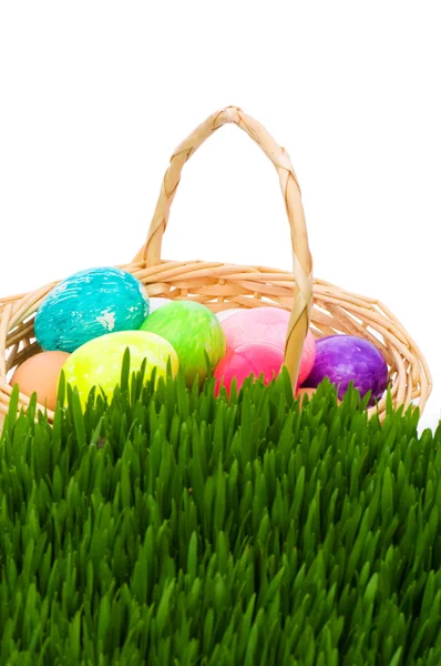 Huevos en la cesta y hierba —  Fotos de Stock