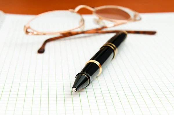 Penna och eye glasögon på sidan — Stockfoto