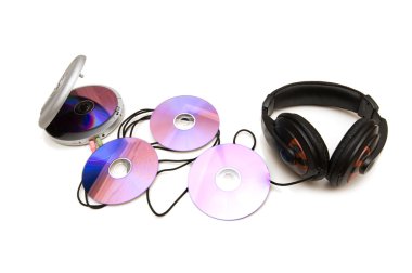 Disk, cd player and earphones isolated on white clipart