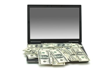 e-ticaret kavramı ile dolar ve üzerinde beyaz izole laptop