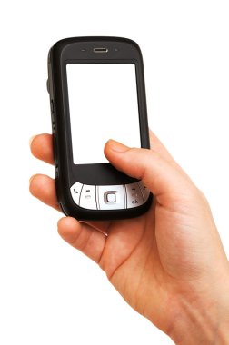 Boş ekranlı cep telefonu beyaz ekranda izole edildi