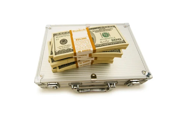 Caja de metal y un montón de dólares en blanco —  Fotos de Stock