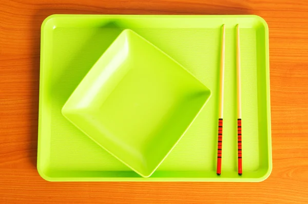 亚洲食品概念与盘子和筷子 — 图库照片