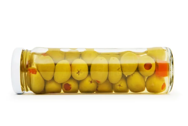 Aceitunas en vinagre en frasco de vidrio —  Fotos de Stock
