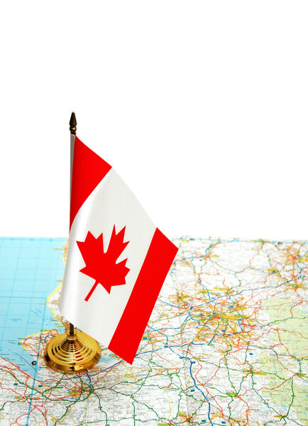 Canada flag on the map against white background