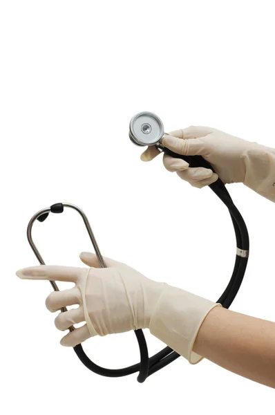Hands holding stethoscope isolated on the white — Stock Photo, Image