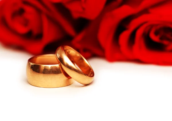 Rose rosse e anelli isolati sullo sfondo bianco — Foto Stock