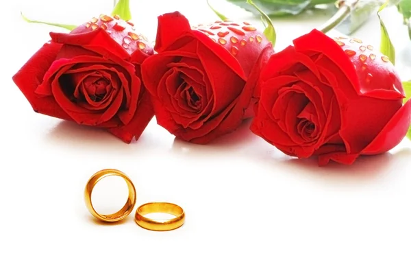 Trzy róże i pierścienie na białym tle — Zdjęcie stockowe