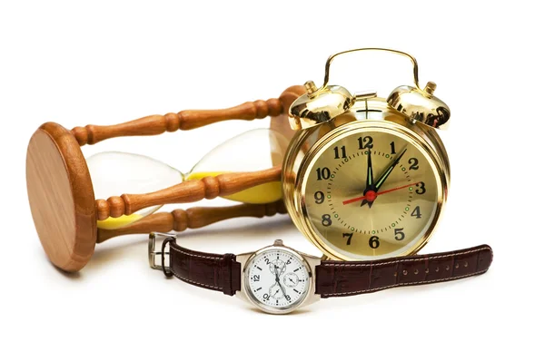 Conceito de tempo com relógio, relógio e vidro de hora — Fotografia de Stock