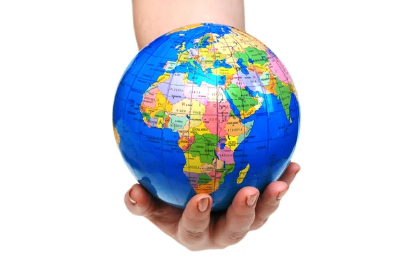 Hand holding globe isolated on the white — Stock Photo, Image