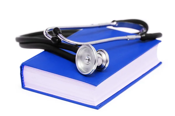 Mavi üzerine beyaz izole kitap stetoskop — Stok fotoğraf