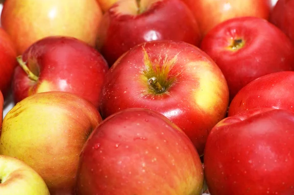 Röda äpplen på rader på marknaden — Stockfoto