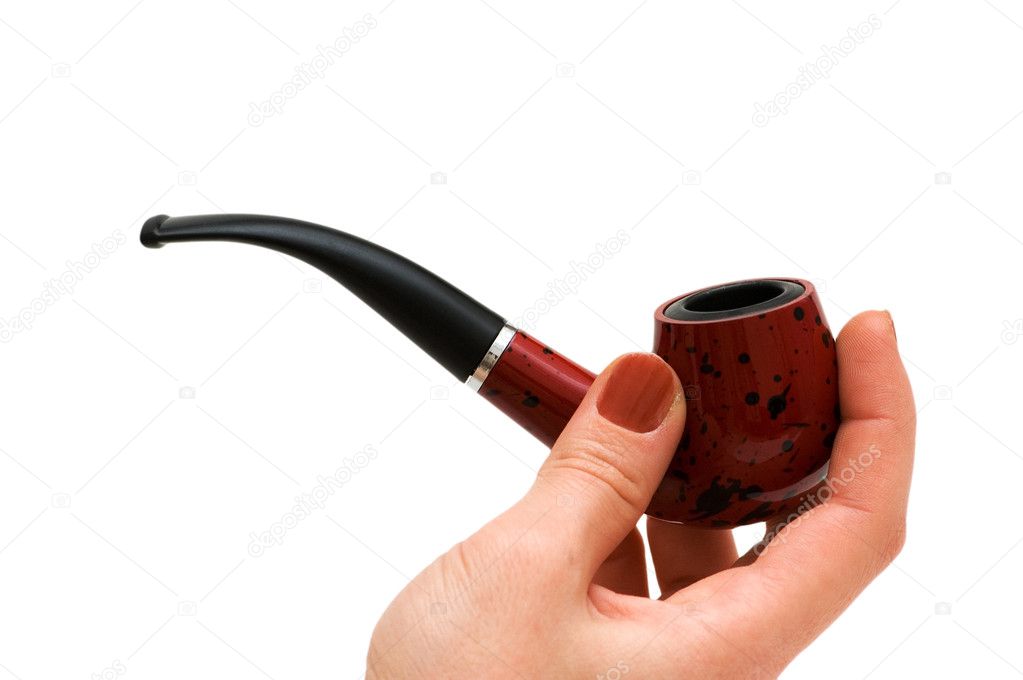 Hand with smoking pipe isolated on white