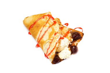 Pancake with curd and strawberries covered with syrup clipart