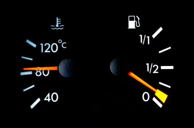 Petrol and temperature meters on car dashboard clipart