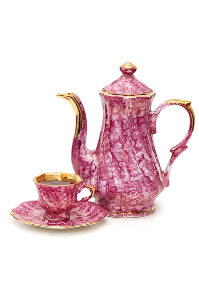 Teekanne und Tasse Tee isoliert auf weiß — Stockfoto
