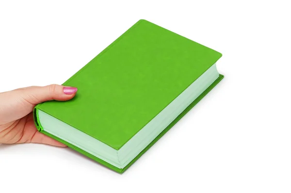 Hand holding green book isolated on white — Stock Photo, Image