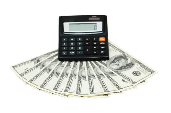 Dólares e calculadora isolados no branco — Fotografia de Stock