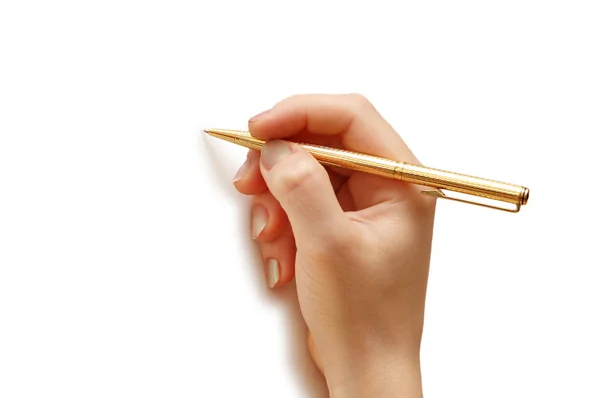 Рука тримає ручку ізольовано на білому тлі — стокове фото