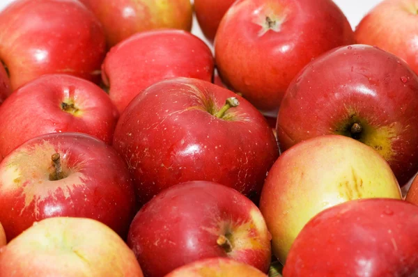 Красные яблоки расположены рядами на рынке — стоковое фото