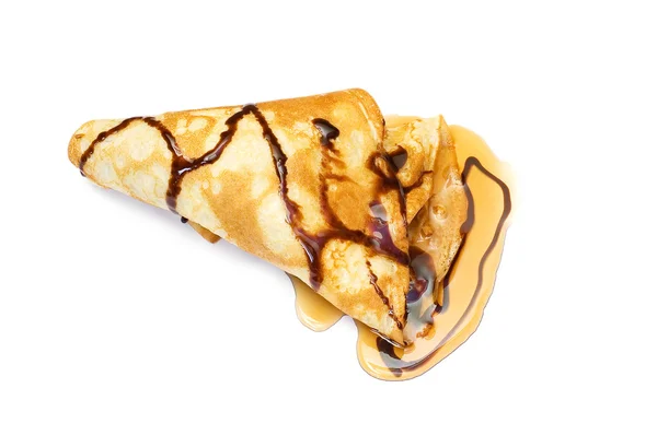 stock image Pancake with honey covered with chocolate syrup