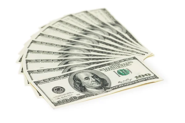 Yüz dolarlık banknotlar üzerinde beyaz izole — Stok fotoğraf