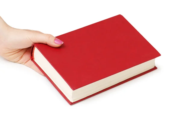 Χέρι που κρατά το κόκκινο βιβλίο που απομονώνονται σε λευκό — Φωτογραφία Αρχείου