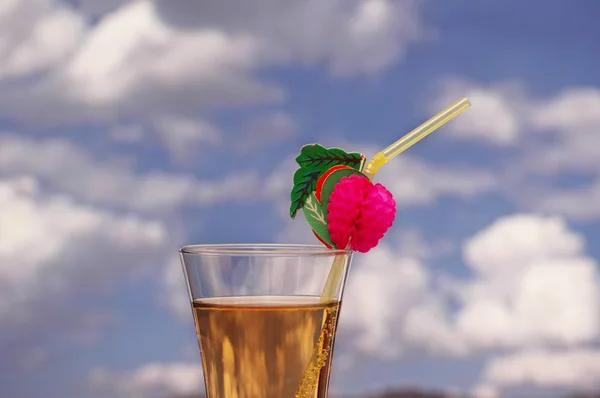 Коктейль з питною соломою на тлі похмурого неба — стокове фото