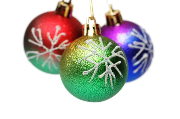 Three Christmas balls hanging - isolated on white — Stock Photo, Image