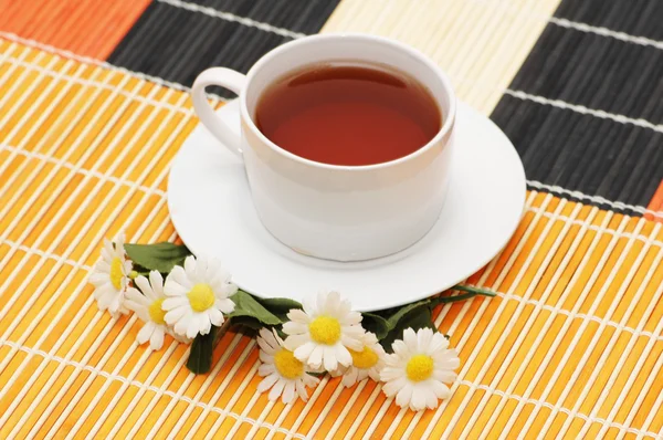 Xícara de chá e camomilas no fundo — Fotografia de Stock