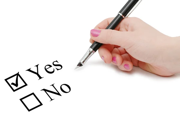 Hand ticking "Yes" in the check box — Stock Photo, Image
