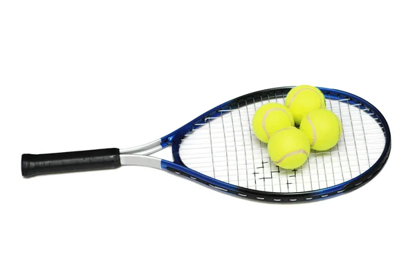 Tennis rackets and four balls isolated on white — Stock Photo, Image