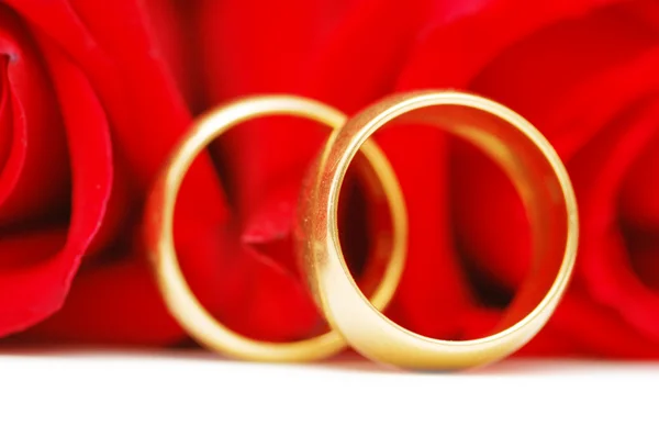 Dos anillos de bodas de oro y rosas rojas —  Fotos de Stock