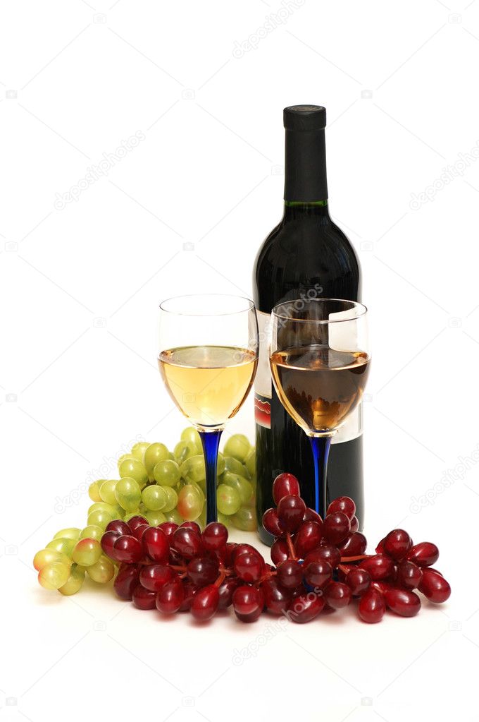 Two glasses of wine, bottle and grapes isolated on white