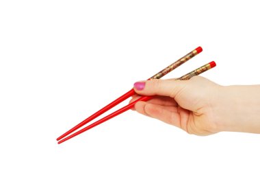 Hand with chopsticks isolated on the white clipart