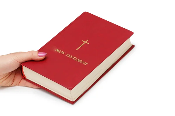Mão segurando "Novo Testamento" livro isolado em branco — Fotografia de Stock