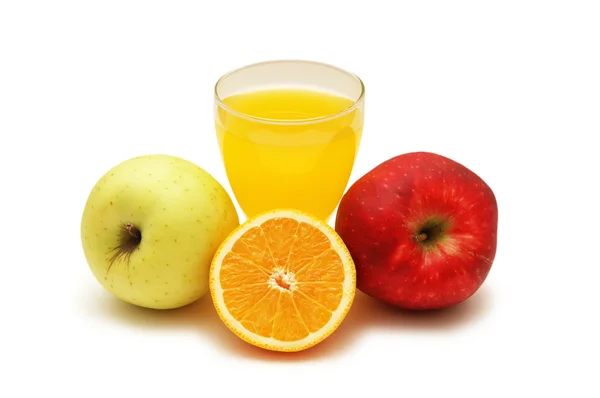 Orange juice, orange and two apples isolated on white — Stock Photo, Image