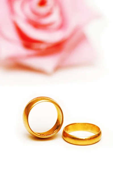 Dvě zlaté snubní prsteny a růžové růže — Stock fotografie
