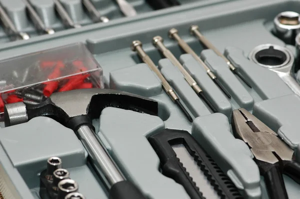 Várias ferramentas DYI na caixa do kit de ferramentas — Fotografia de Stock
