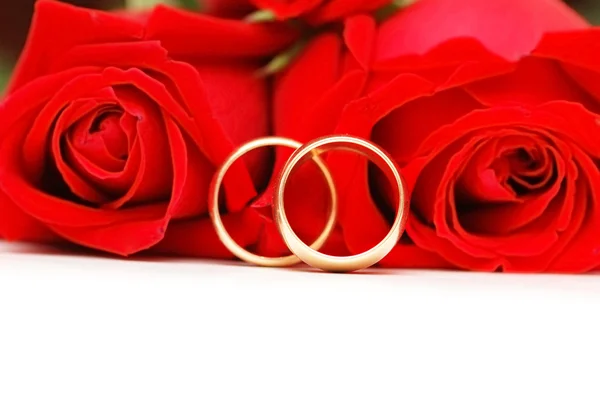 Dos anillos de boda y rosas rojas aisladas en blanco —  Fotos de Stock