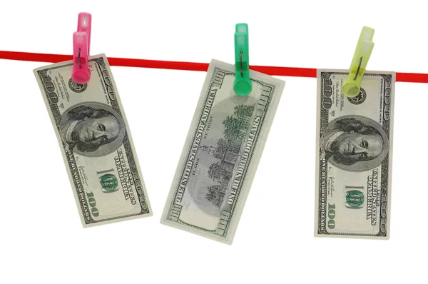 Hundred dollar bank notes hanging on rope — Stock Photo, Image