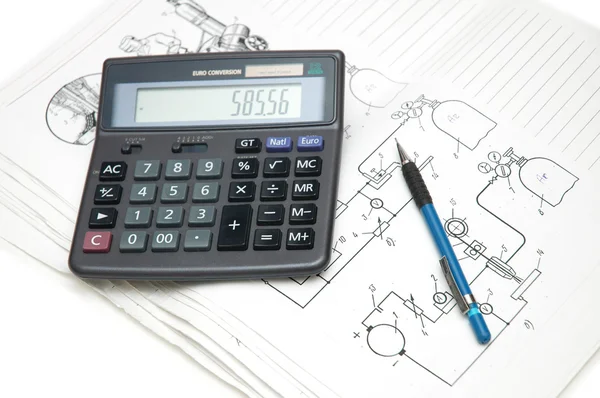 Calculator and pencil over the engineering drawings — Stock Photo, Image