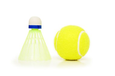 Shuttlecock and tennis ball isolated on white