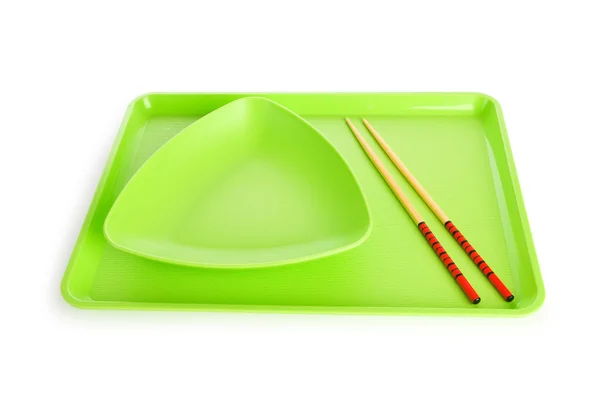 Asiatisches Ernährungskonzept mit Teller und Essstäbchen — Stockfoto