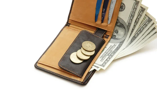 달러 지폐와 흰색 절연 신용 카드 지갑 — 스톡 사진