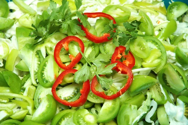 沙拉配绿色西红柿和辣椒的特写 — 图库照片