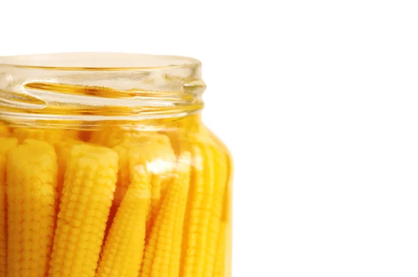 Baby corn in the jar isolated on white — Stock Photo, Image